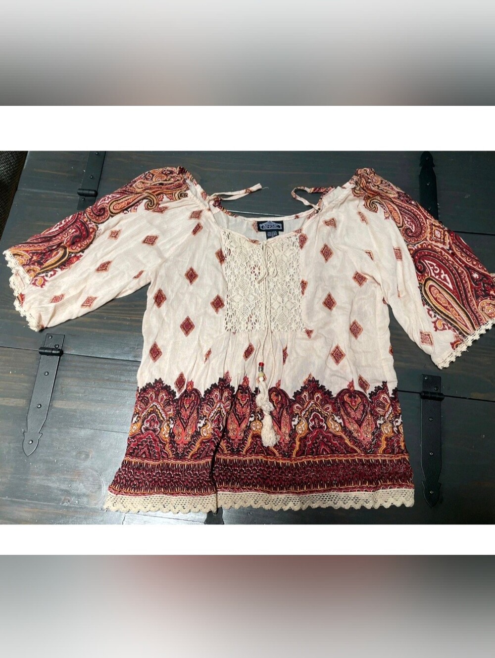 Angie Boho Crochet-Trim Peasant Top in Cream and Rust Size Large